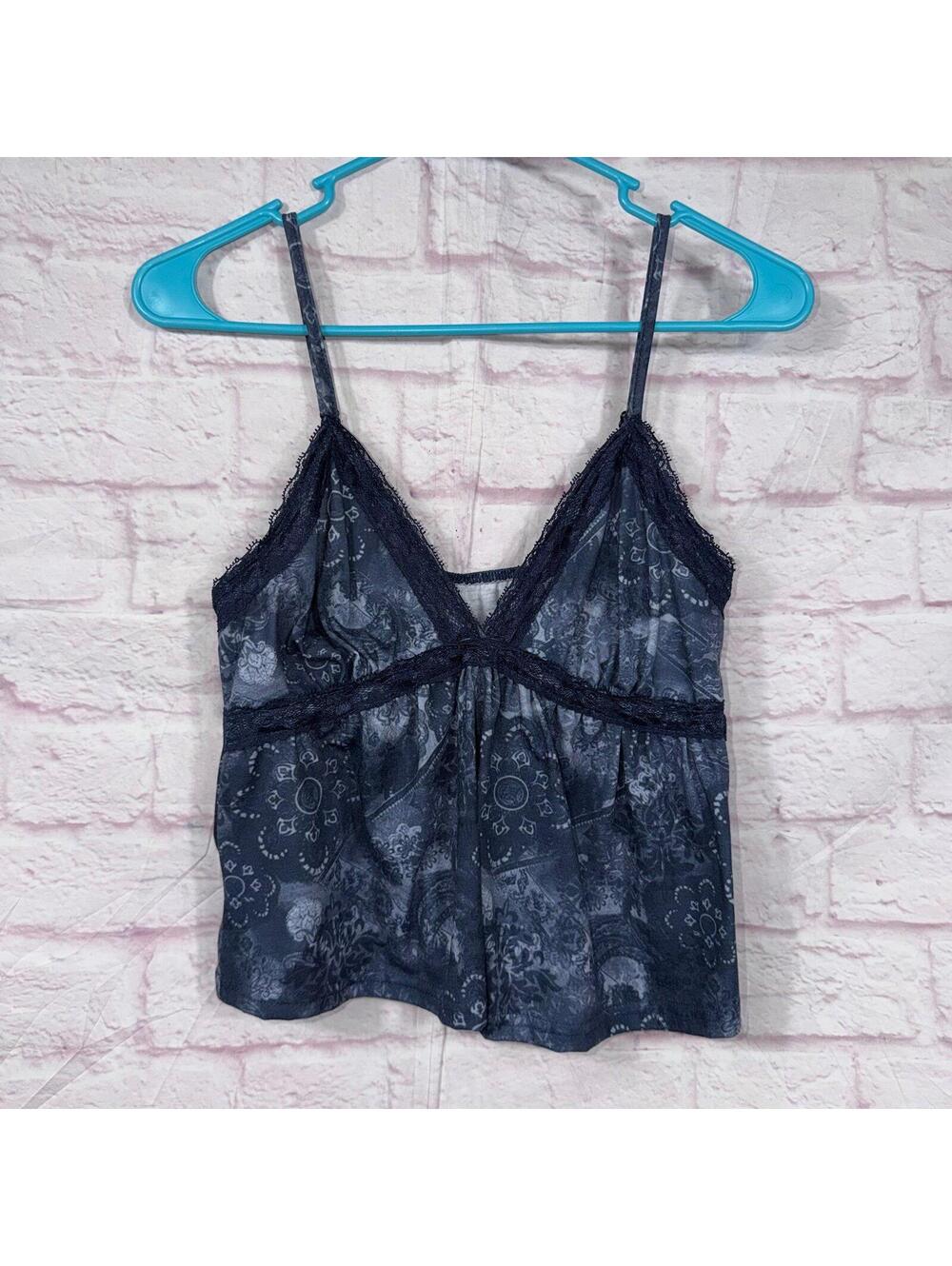 ROMWE Women’s Blue Paisley Lace Trim Sheer Cami Crop Top Size Medium